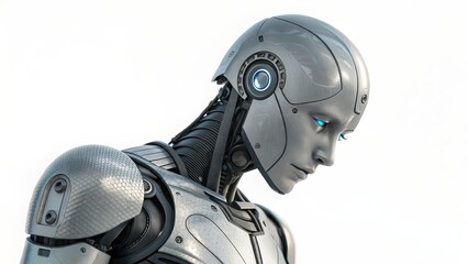 Futuristic humanoid robot, metallic silver body, introspective pose, detailed facial features, glowing blue eye, carbon fiber texture, exposed mechanical parts, photorealistic rendering, high contrast