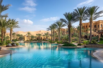 Obraz premium Desert Oasis with Clear Blue Water Surrounded by Palm Trees
