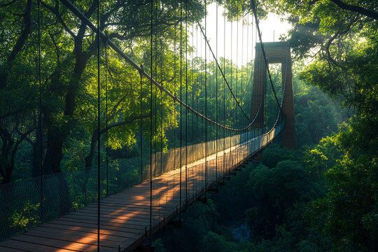 Fototapeta Scenic Glass Bridge Arches Gracefully Above Lush Forest with Sunlight Filtering Through  