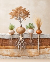 Obraz premium Exploring the Beauty of Vegetables Thriving on a Stone Wall in Harmony with Soil Microorganisms