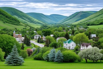A scenic view of a rural farming community with rolling green hills and scattered homes