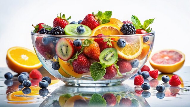 Vibrant Fruit Medley: A crystal bowl overflowing with a colorful assortment of fresh, juicy fruits, including strawberries, blueberries, kiwi, oranges, and raspberries.
