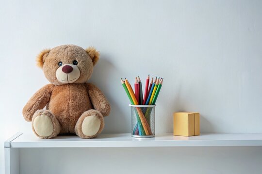 Teddy Bear and Pencils on Shelf: A cuddly teddy bear sits beside a glass of colorful pencils and a small wooden cube, suggesting a child's playful space or a creative corner.