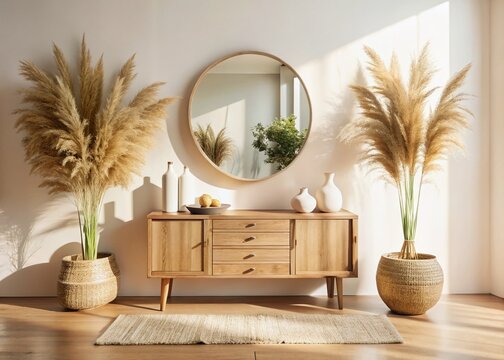 Bohemian Chic Interior: A stylish wooden sideboard with decorative vases and a round mirror is flanked by two large potted pampas grass plants.