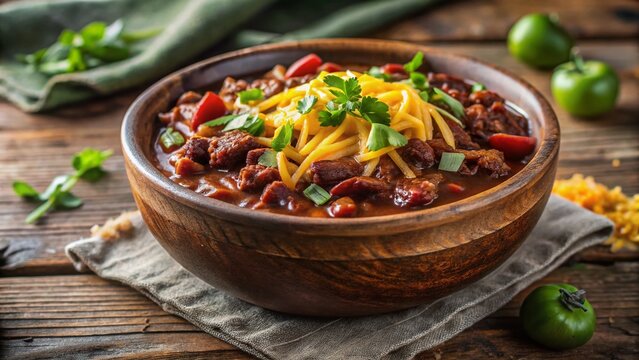 Hearty Bowl of Chili: A steaming bowl of rich, flavorful chili, generously topped with shredded cheese and fresh cilantro, served on a rustic wooden table, evoking warmth and comfort.