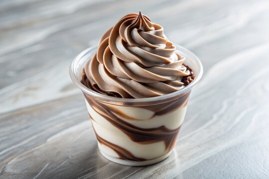 Rich Chocolate Swirl Soft Serve: Indulgent soft serve ice cream, a delightful blend of creamy vanilla and rich chocolate, is swirled elegantly into a clear cup.