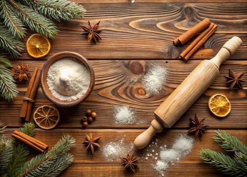 Christmas Baking Ingredients: A rustic wooden table displays ingredients for festive Christmas baking, including flour in a bowl, cinnamon sticks, star anise, dried orange slices, and a rolling pin.