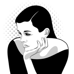1553_Thoughtful, beautiful young woman with long hair, resting her head on her hand