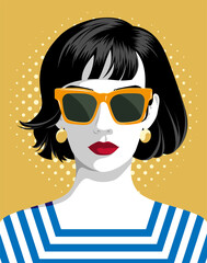 1550_Beautiful young woman wearing fashionable large sunglasses and striped T-shirt