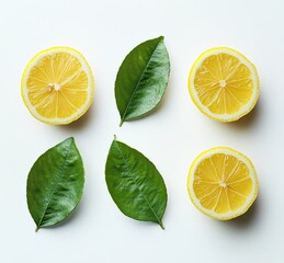 Fresh Lemon Slices with Green Leaves Arranged on a White Background for Culinary and Food-Related Visuals