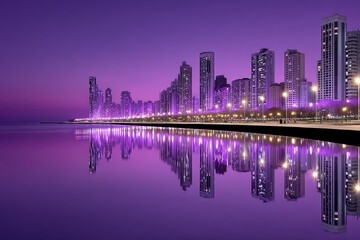 Obraz premium City skyline reflecting over calm waters at twilight
