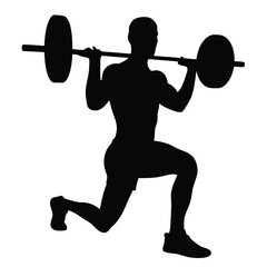 Muscular Man Lunge Exercise Silhouette with Barbell Training on Transparent