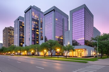 Obraz premium Downtown skyline with glass buildings reflecting the sunset