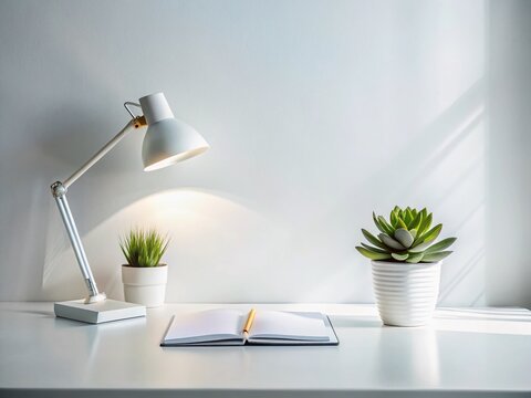 Study Space Serenity: A minimalist desk setup features a white adjustable lamp casting a warm glow on an open notebook with a pencil, flanked by two potted green plants.