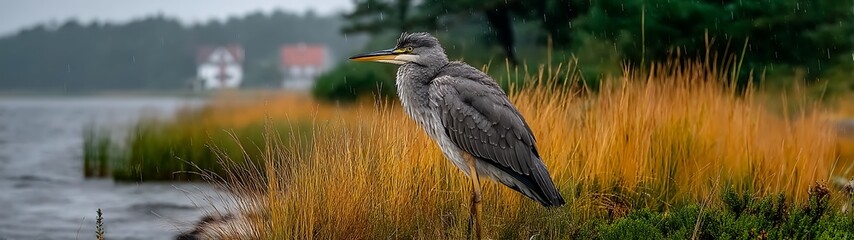 Heron by Water in Grassy Marsh.