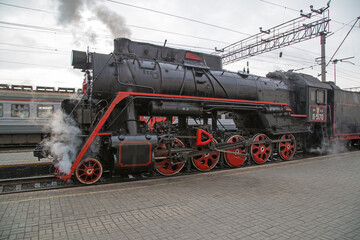 Old Soviet steam locomotive class L (L-5170) in operation. Manufactured in 1955.