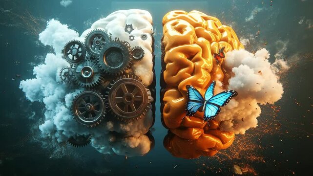 Abstract 3D Brain Visualization Gears and Butterfly on Golden and Gray Hemispheres