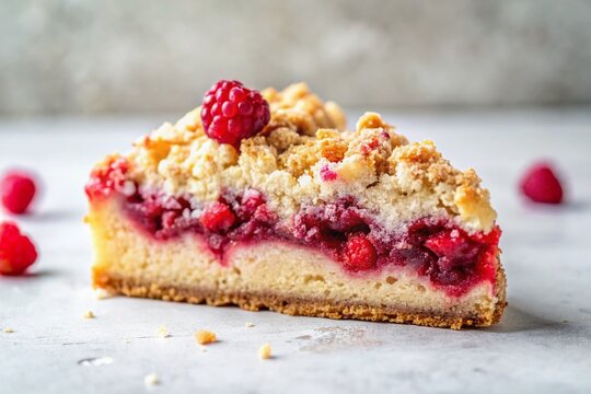 Raspberry Crumble Cake Slice: A delectable slice of raspberry crumble cake, showcasing layers of moist cake, tart raspberries, and a buttery crumble topping, adorned with a fresh raspberry.