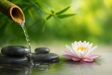 Serene Water Lily and Bamboo Fountain with Smooth Stones in Nature