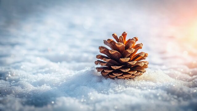 Solitary Pinecone in Winter's Embrace: A lone pinecone rests atop a blanket of freshly fallen snow, illuminated by the soft, warm glow of a winter sun.