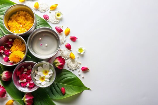 Haldi Kumkum Ceremony Elements: A collection of traditional Indian Haldi Kumkum ceremony ingredients, including turmeric, kumkum powder, flowers, and betel leaves.
