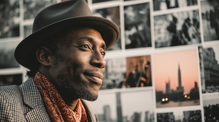 Generative AI portrait of a smiling jazz musician wearing a hat and scarf, set against a backdrop of a photo collage dedicated to the celebration of International Jazz Day in different cities