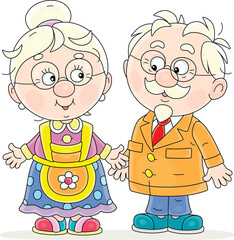 Happy grandpa and grandma standing together, holding hands and smiling, vector cartoon illustration on a white background