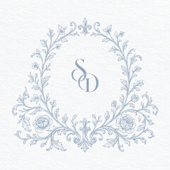 Vintage Floral Monogram Crest with Ornate Roses and Scrollwork. Hand-Drawn Botanical Frame with Elegant Monogram Letters SDnd-Drawn Botanical Frame with Elegant Monogram Letters SD