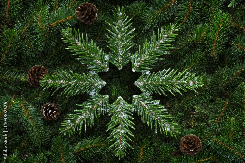 Poster creative snowflake design crafted from pine tree patterns in a winter scene surrounded by evergreen 