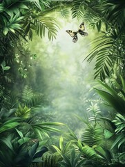 Obraz premium Lush Tropical Jungle: Serene Green Canopy with Butterfly