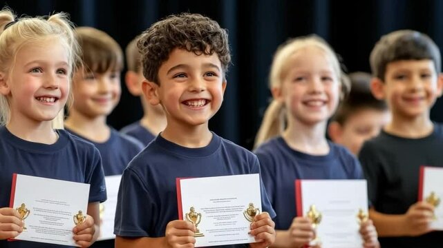 Joyful children proudly display trophies and certificates at a vibrant school awards ceremony, celebrating their achievements.