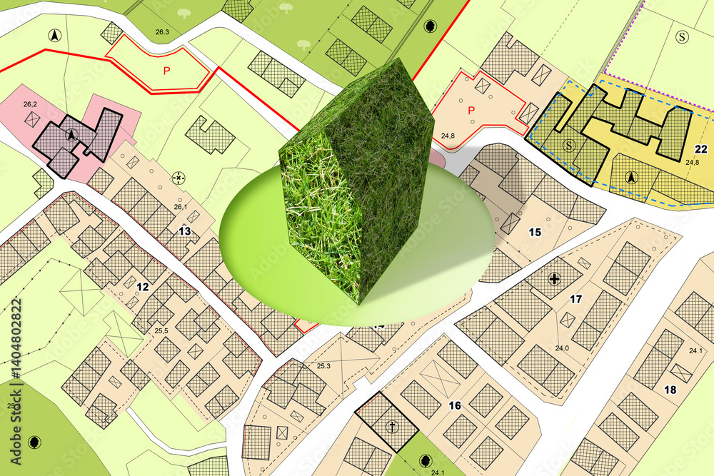 Poster imaginary city map with a green building - the architecture of the future - concept image