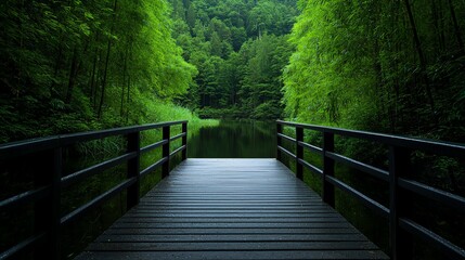 Fototapeta premium A serene wooden bridge stretches across a calm lake, surrounded by lush green trees and tranquil nature, inviting peaceful reflection and a connection with the great outdoors.