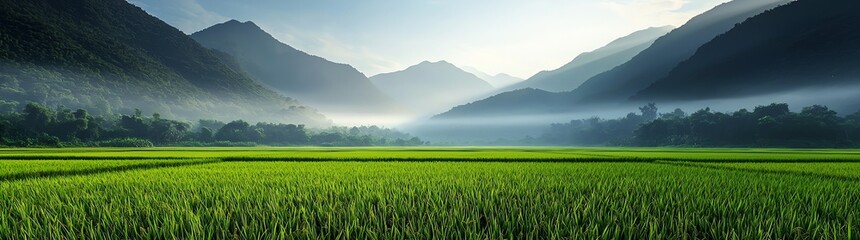 Fototapeta premium A breathtaking view of lush green rice fields surrounded by majestic mountains, illuminated by soft morning light, offering a serene and tranquil atmosphere for nature lovers.