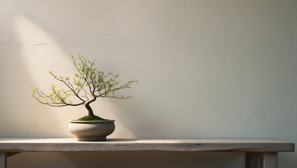 Elegant bonsai tree positioned on a wooden bench, ideal for enhancing nature-themed designs.