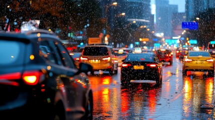 A vibrant city scene showcasing cars navigating through a bustling street during a rainy evening, with colorful reflections on wet pavement creating a dynamic urban atmosphere.