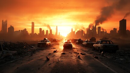 A dramatic post-apocalyptic cityscape at sunset, showcasing abandoned cars and a skyline shrouded in smoke, reflecting a stark contrast between beauty and destruction.