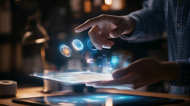 using a smartphone to view transparent holograms of digital objects floating above real-world items, demonstrating an AR interaction 