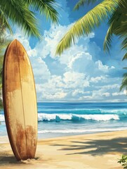Tropical Surfboard: Idyllic Beach Scene in a Vibrant Style
