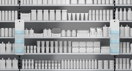 Mockup of supermarket shelves with blank dairy products and hanging plastic display stands. 3d illustration