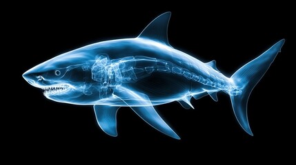 Obraz premium An intricate x-ray image of a shark, revealing its detailed skeletal structure and anatomy. Ideal for educational materials, marine biology studies, or scientific illustrations.