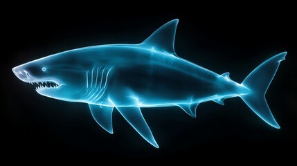 Obraz premium A stunning digital illustration of a translucent shark glowing against a dark background, showcasing its fierce expression and streamlined body, captivating the essence of ocean pr
