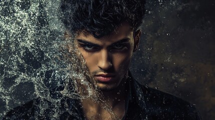 Fototapeta premium Moody portrait of man with water and texture effects