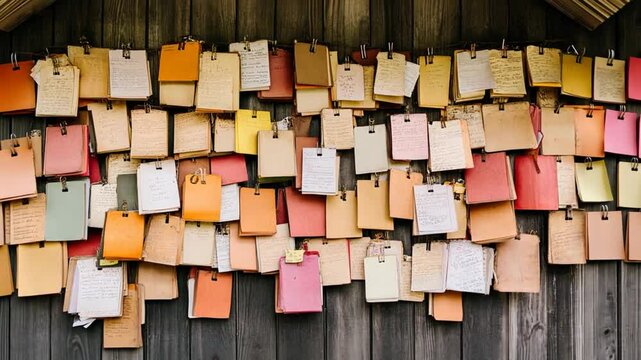 A vibrant collection of colorful notes pinned to a rustic wooden wall, showcasing creativity and communication