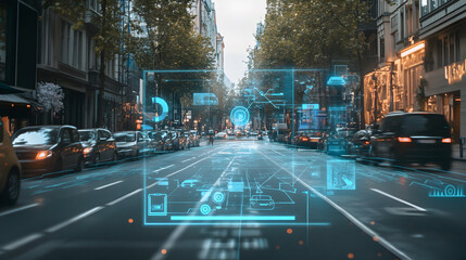 holographic overlay of digital content, like text or images, interacting with real-world elements in an augmented reality setting 