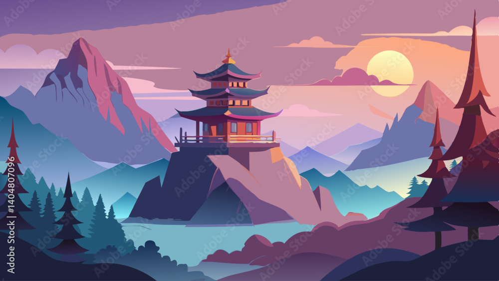 Poster a mountain range with a large building in the middle. the building is a temple with a pagoda on top.