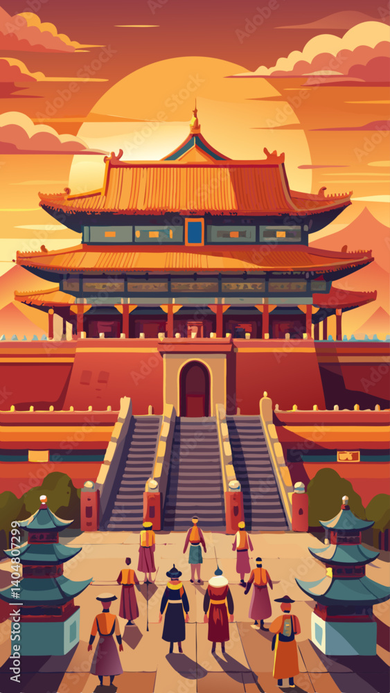 Aufkleber a group of people are walking in front of a large building with chinese characters on it. scene is p