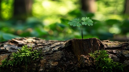 Fototapeta premium Tiny flower growing on mossy forest log in sunlight