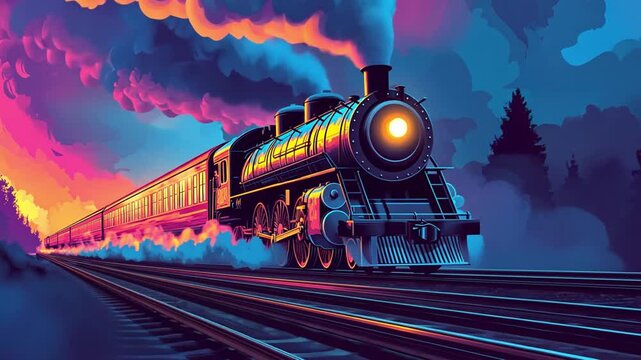 Colorful steam train chugging through a vibrant landscape at sunset, evoking nostalgia