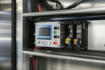 Obraz premium Control panel with digital display and circuit breakers in a cabinet